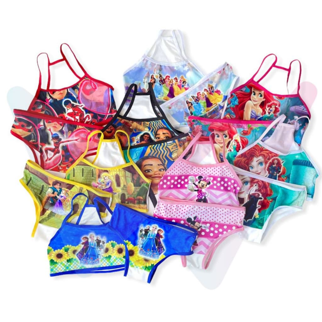 Kit 5 Conjuntos Infantil Sublimado Menina Moça Personagens Conforto Top Calcinha