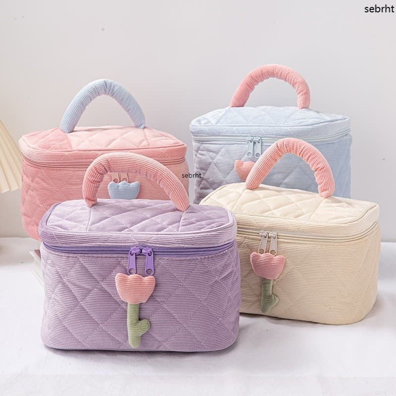 Bolsa de maquiagem de veludo elegante e de grande capacidade, requintada e fofa, uma bolsa de armazenamento com um toque