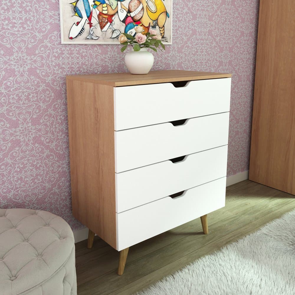 Cômoda de 68x92,5cm com 4 Gavetas e Pé Cônico Amêndoa/Branco