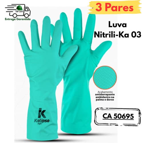 Luva de proteção e segurança (3 pares) Cor Verde NITRILI-KA-03 KALIPSO Faxina Limpeza pesada