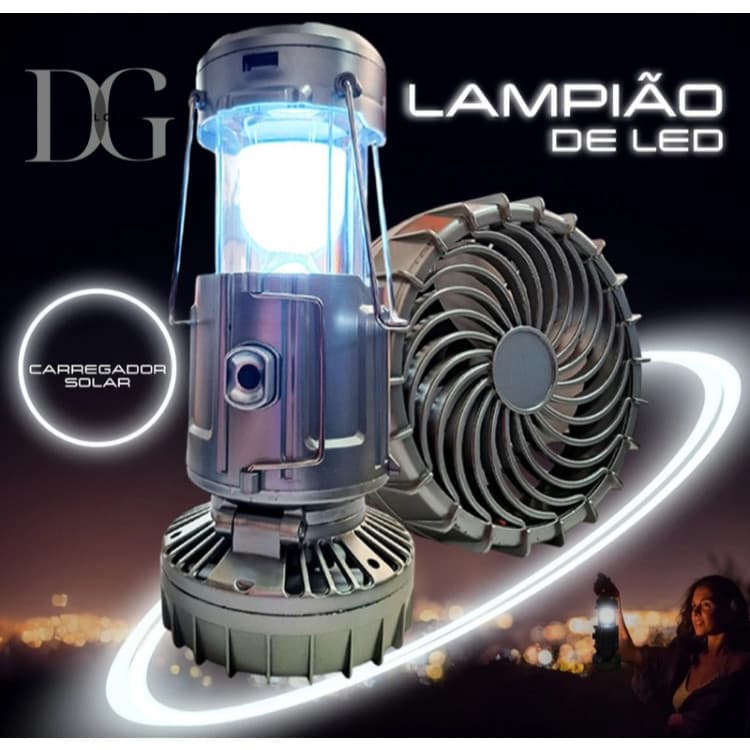 Lanterna Solar com Ventilador Portátil Recarregável – Iluminação Forte para Falta de Energia, Camping e Emergência