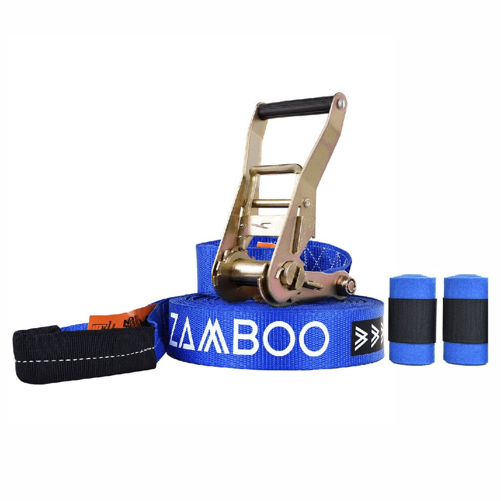 Slackline Zamboo Kit Baseline 10m Azul Com Catraca Reforçada, Protetores Desenvolve Equilíbrio Coordenação