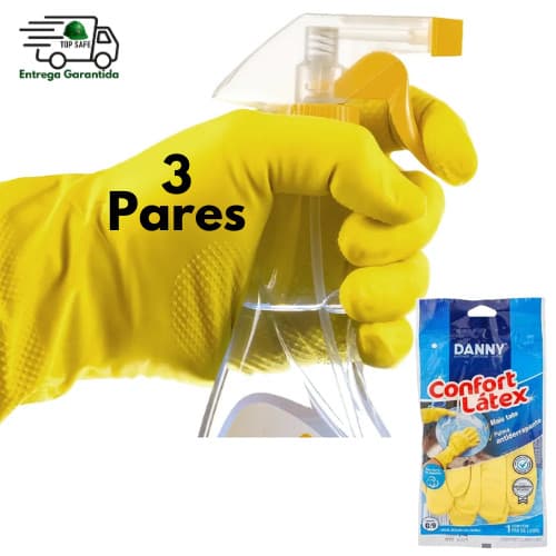 Luva de limpeza em látex (Kit 3un) com forro em algodão flocado CONFORT LÁTEX DANNY