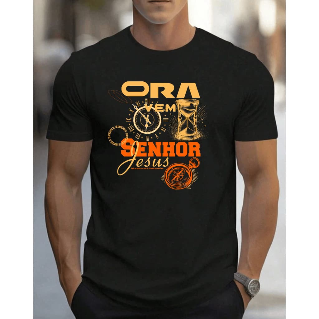 Camiseta P AO G5 Masculina Gospel Ora Vem Senhor Jesus Estampada no Peito Cristã Casual Moderna Confortável