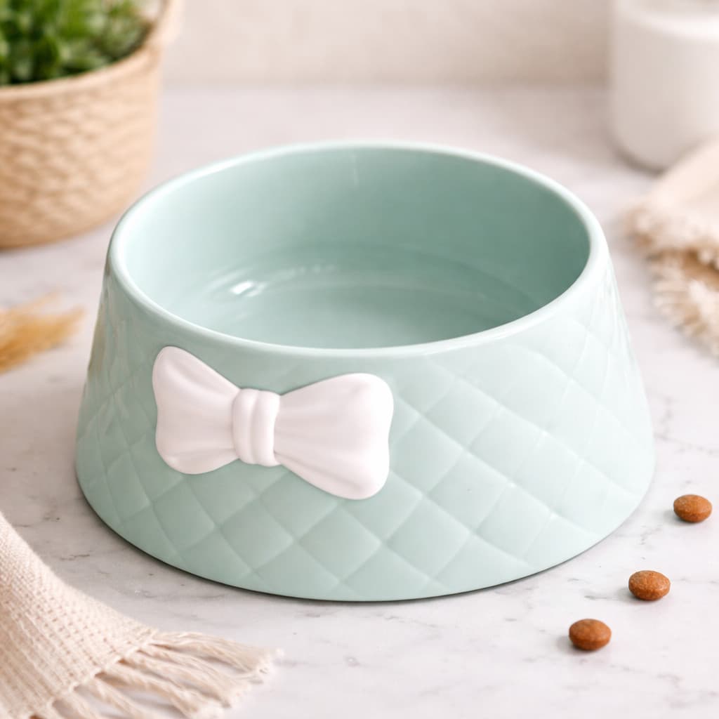 Comedouro Pet Azul com Lacinho Design Elegante Resistente para Cães e Gatos