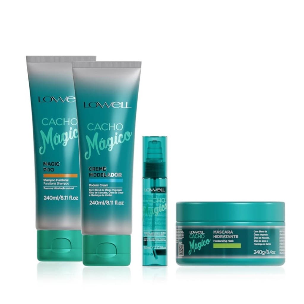 1037LW-Kit4 Cacho Mágico Funcional Shampoo240+Creme240+Máscara240+ Magic oil60ml - LOWELL