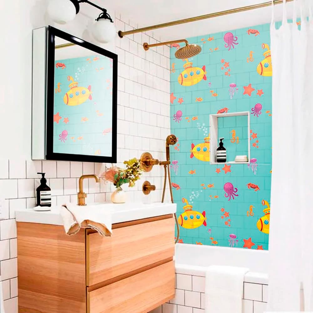 Papel de Parede Lavável Infantil Revestimento Brilho Submarino
