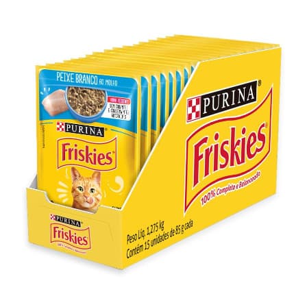 Caixa de sachês  Friskies para gatos adultos sabor peixe branco ao molho 85g.com 15 unidades
