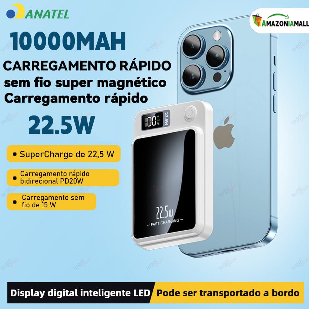 Carregador Portátil com Display 10000mAh e Tecnologia MagSafe para Android e Apple