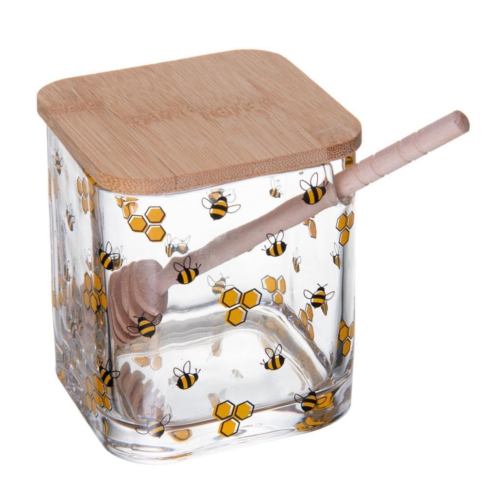 Meleira de Vidro 9,5cm Bee Lyor com Tampa e Pegador de Bambu para Servir Mel