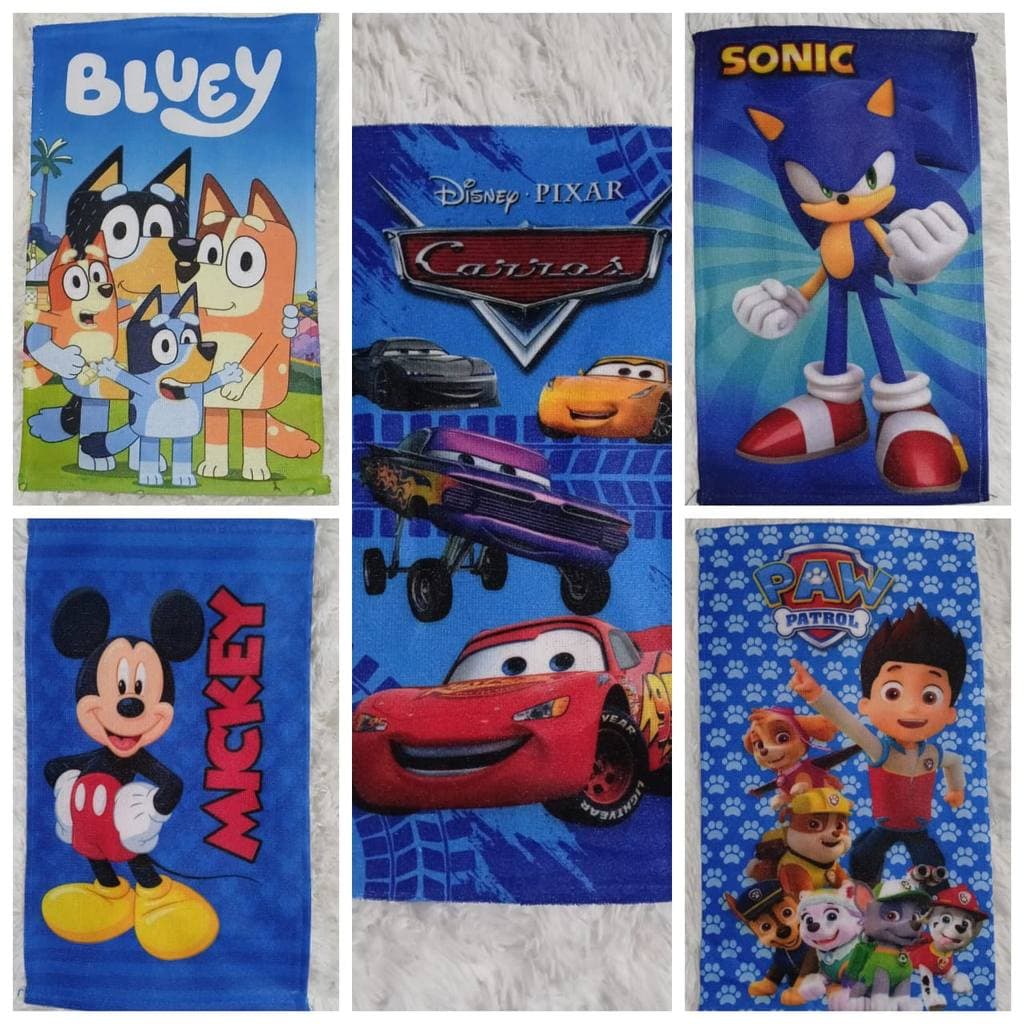 Kit com 5 Toalhinhas de Mão e Rosto para Lancheira Escolar Infantil Sortidas Menino e Menina várias Estampas Personagem