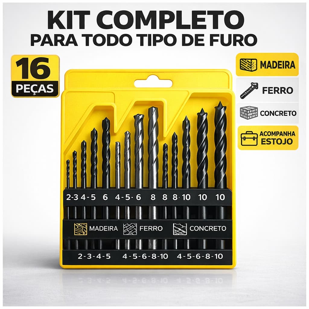 Jogo de Brocas 16 Peças Madeira Metal e Concreto