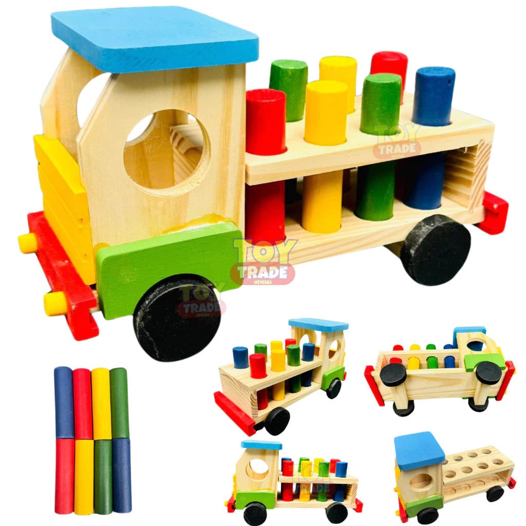 Caminhão de Pinos ToyTrade Brinquedo Educativo de Madeira Caminhãozinho Colorido Pedagógico Infantil