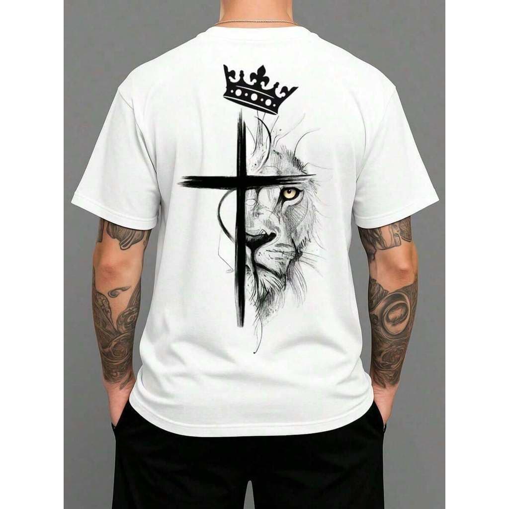 Camiseta Cristã Cruz Religiosa Masculina Feminia Leão Rei Camisa 100% Algodão