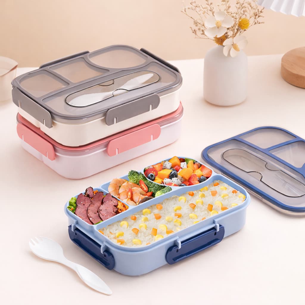 Lancheira 1100ml Quadrada/Retangular com 4 Compartimentos Vedação Hermética Garfo Azul Marrom Rosa