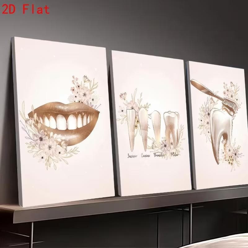 Quadro Decorativo Trio Odontologia Dental Gold e Flores