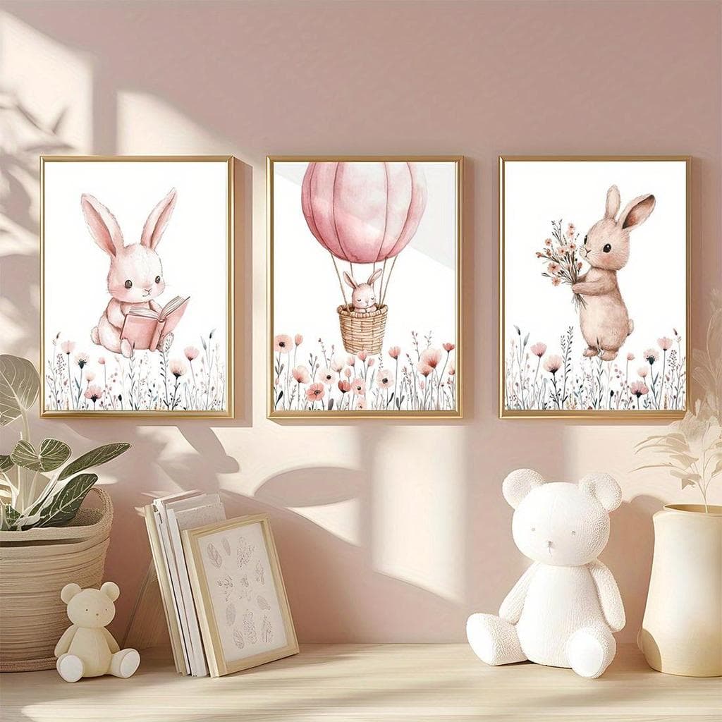 Quadro Decorativo Trio Coelho Balões Flores Para Quarto Infantil