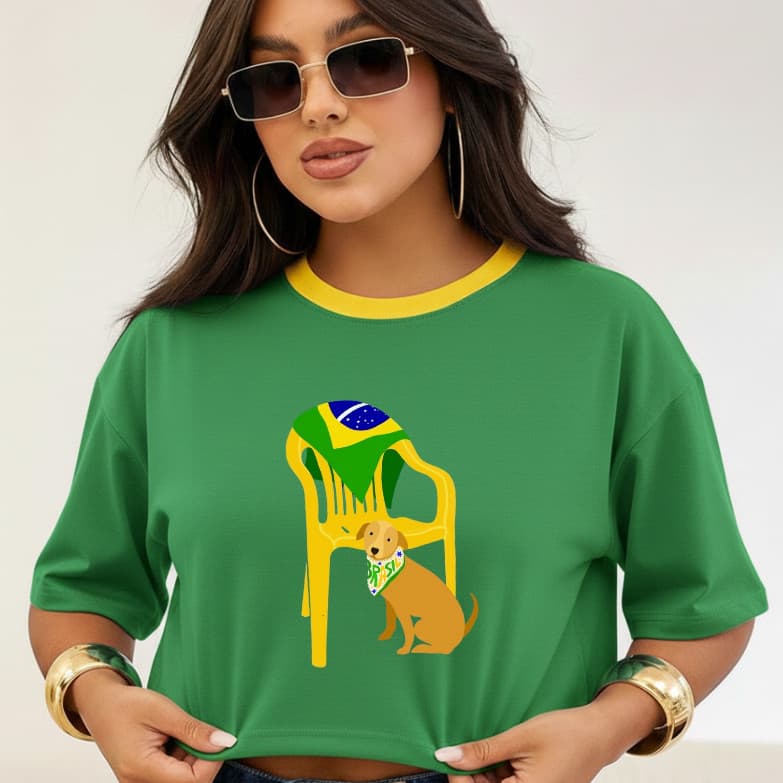 Cropped Brasil Feminino Algodão Estampa Bandeira Cachorro caramelo Casual Confortável futebol copa