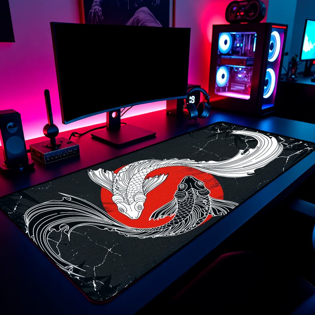 Mouse Pad Carpas Japonesas Yin Yang Gamer 65x30cm / 80x40cm / 90x50cm / 120x60cm Borda Costurada