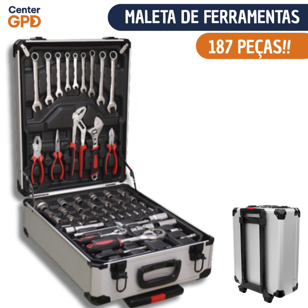 Maleta De Ferramentas Com 187 Peças Profissional Cromo Vanadium C/Rodinha Completa 4 Compartimentos