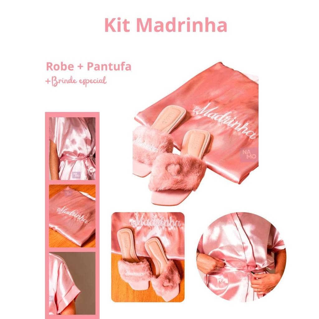 Kit Premium Madrinha Robe Rose Gold + Pantufa Bordado Branco