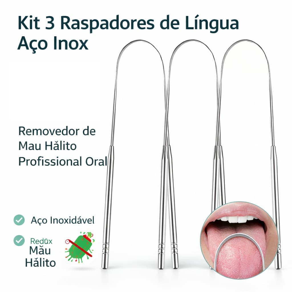 Raspador de Língua Aço Inox 1/2/3 Unidades Removedor de Mau Hálito Profissional Oral