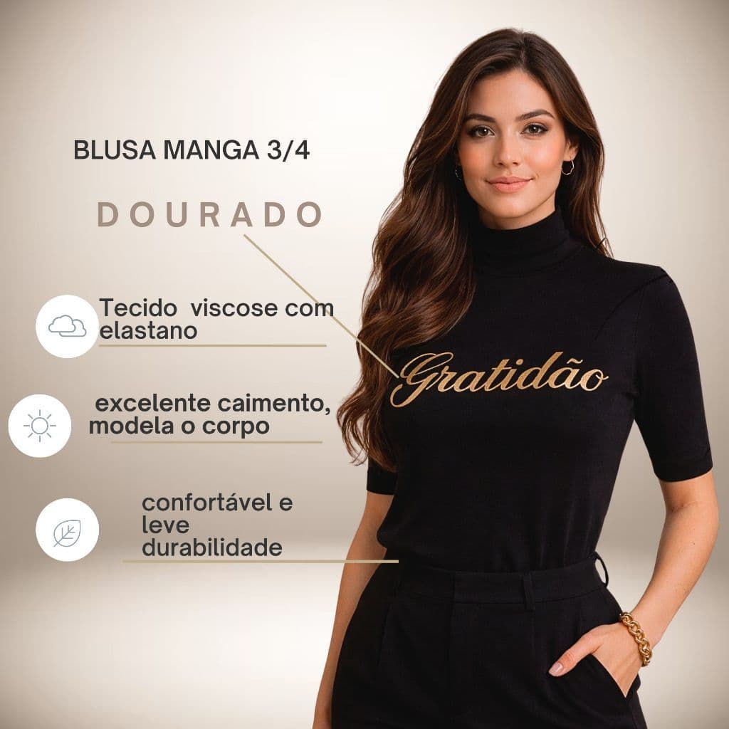 Blusa Feminina Manga 3/4  Gola alta Estampa Frase Cristã Dourado Tecido Viscolycra