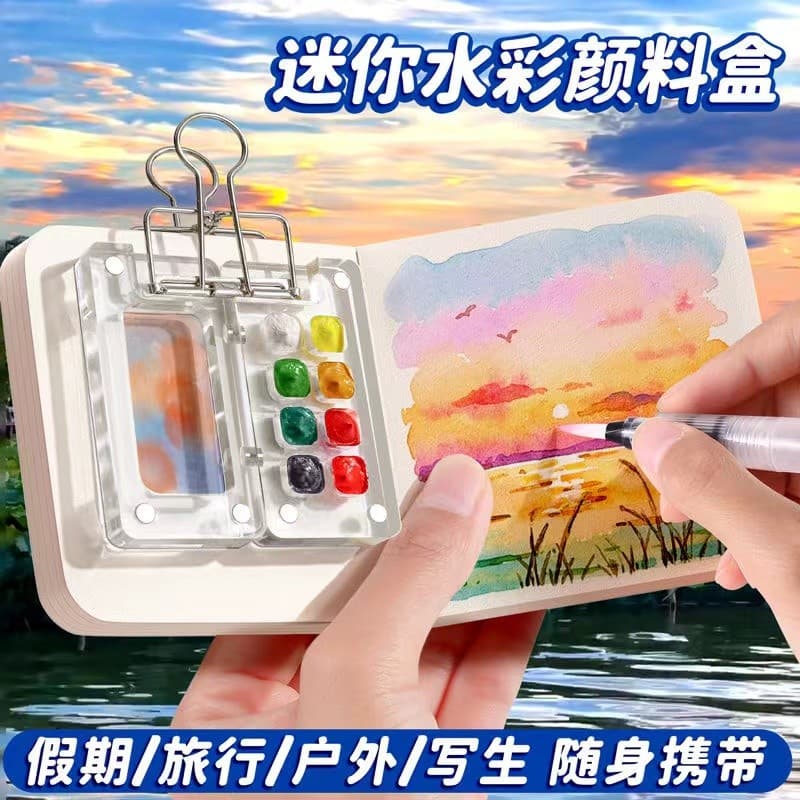 Mini caixa de tinta aquarela de bambu verde Conjunto de pintura em aquarela Conjunto completo Manual portátil Esboço Pin