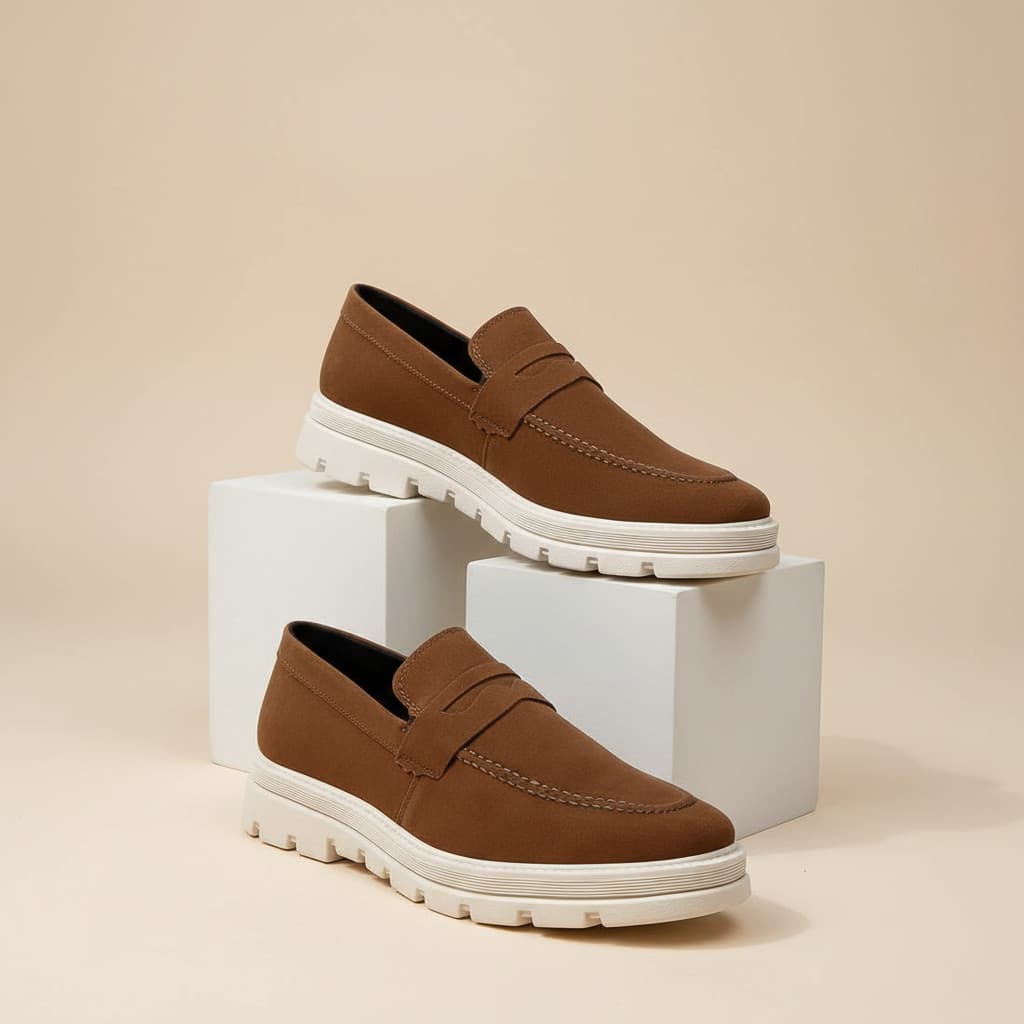 Sapato Social Mocassim Loafer Tratorado Camurça Casual Confortável Dia A Dia Moderno