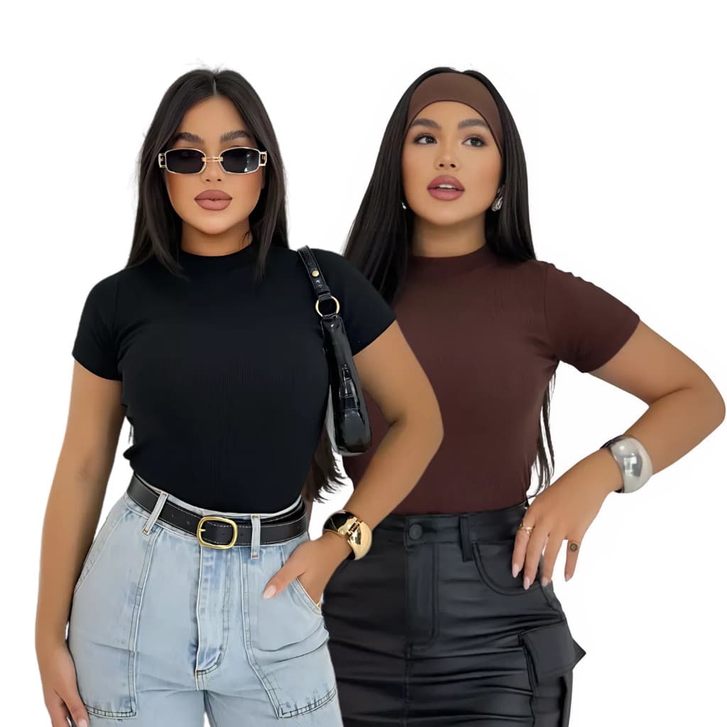 Kit 2 Camisetas Femininas Básicas em Ribana Canelada Premium – Casual, Conforto e Tendência Moda Gringa