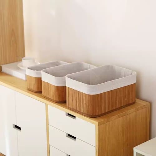 Conjunto Cestos Organizadores Multiuso Bambu Natural Kit 3 Peças Durável Sustentável Espaço
