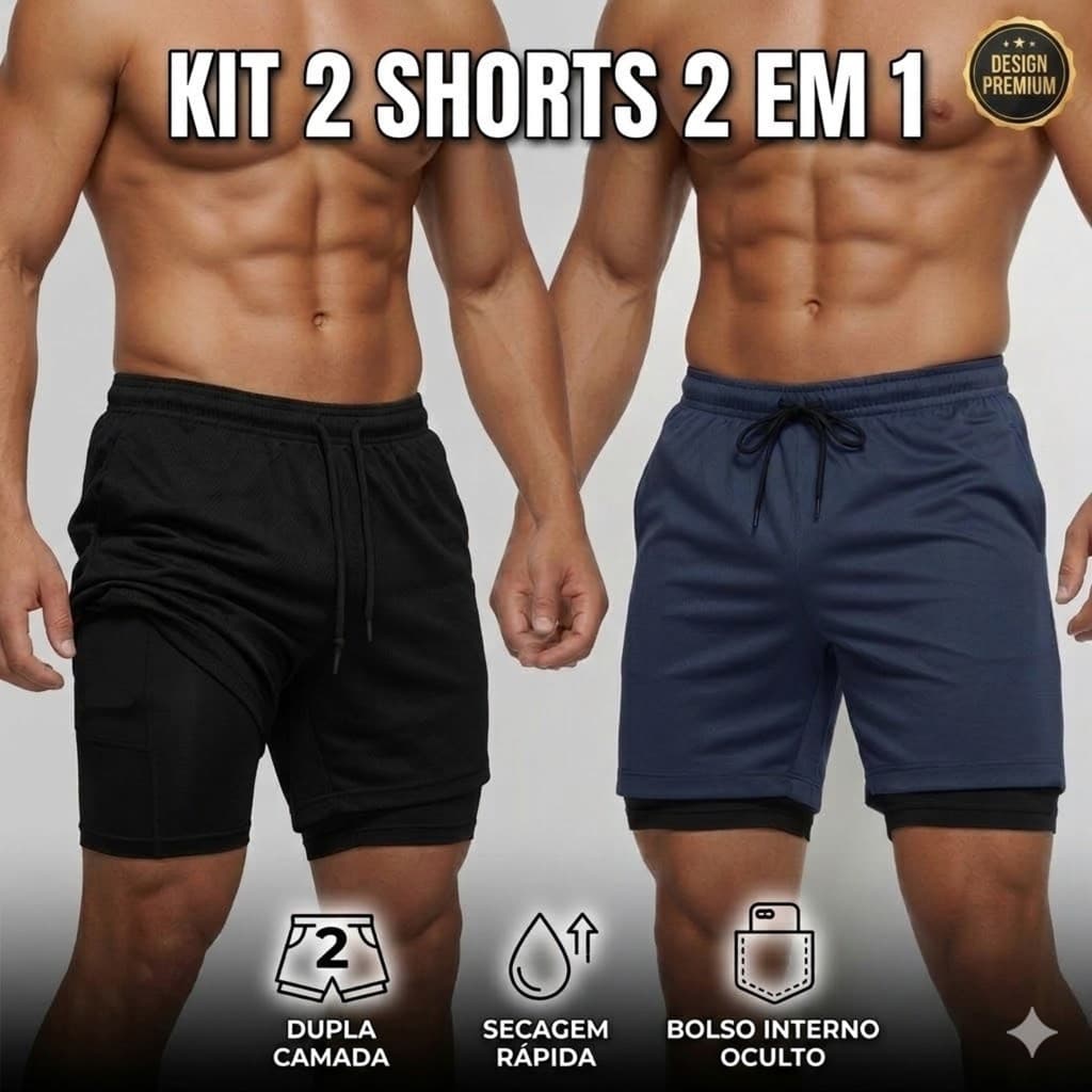 Kit 2 Shorts Bermuda Masculino 2 em 1 Dry Fit Academia Corrida Com Bolso