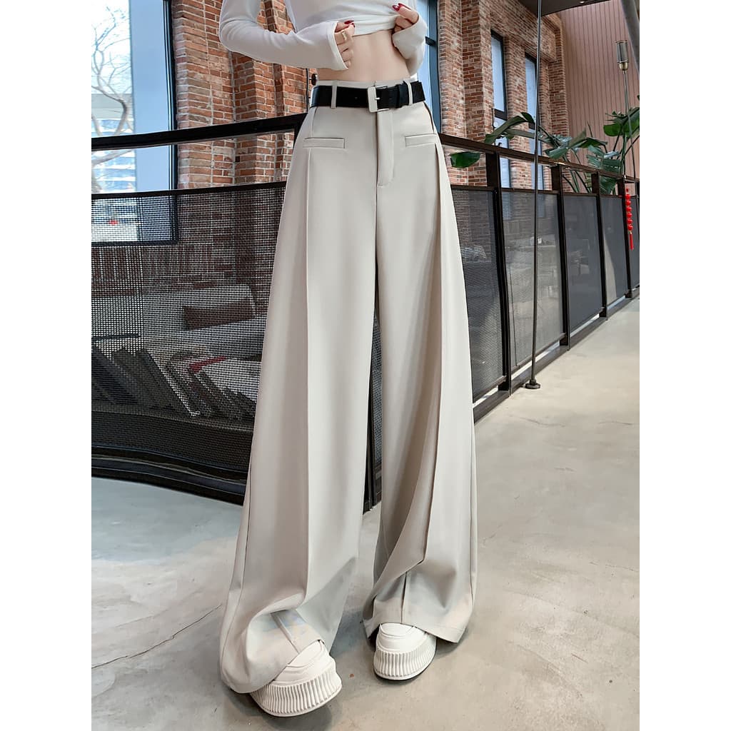 Superior estreito inferior largo bege calças femininas 2026 primavera outono novo estilo High-End Drape solto perna larg
