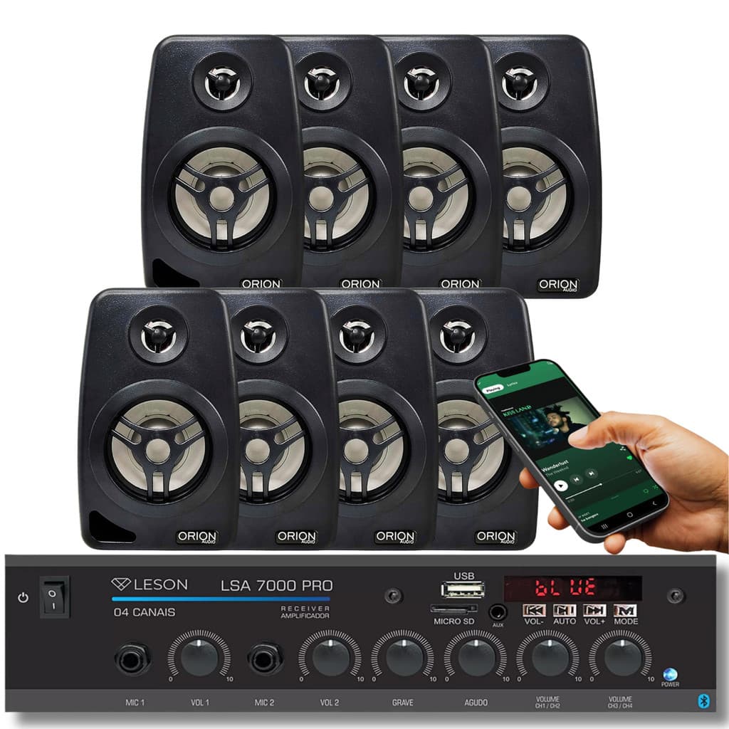 Kit Receiver Amplificador Som Ambiente Leson Orion Bluetooth Usb Aux 4Ch 2Mic + 8 Caixa de Parede com Suportes
