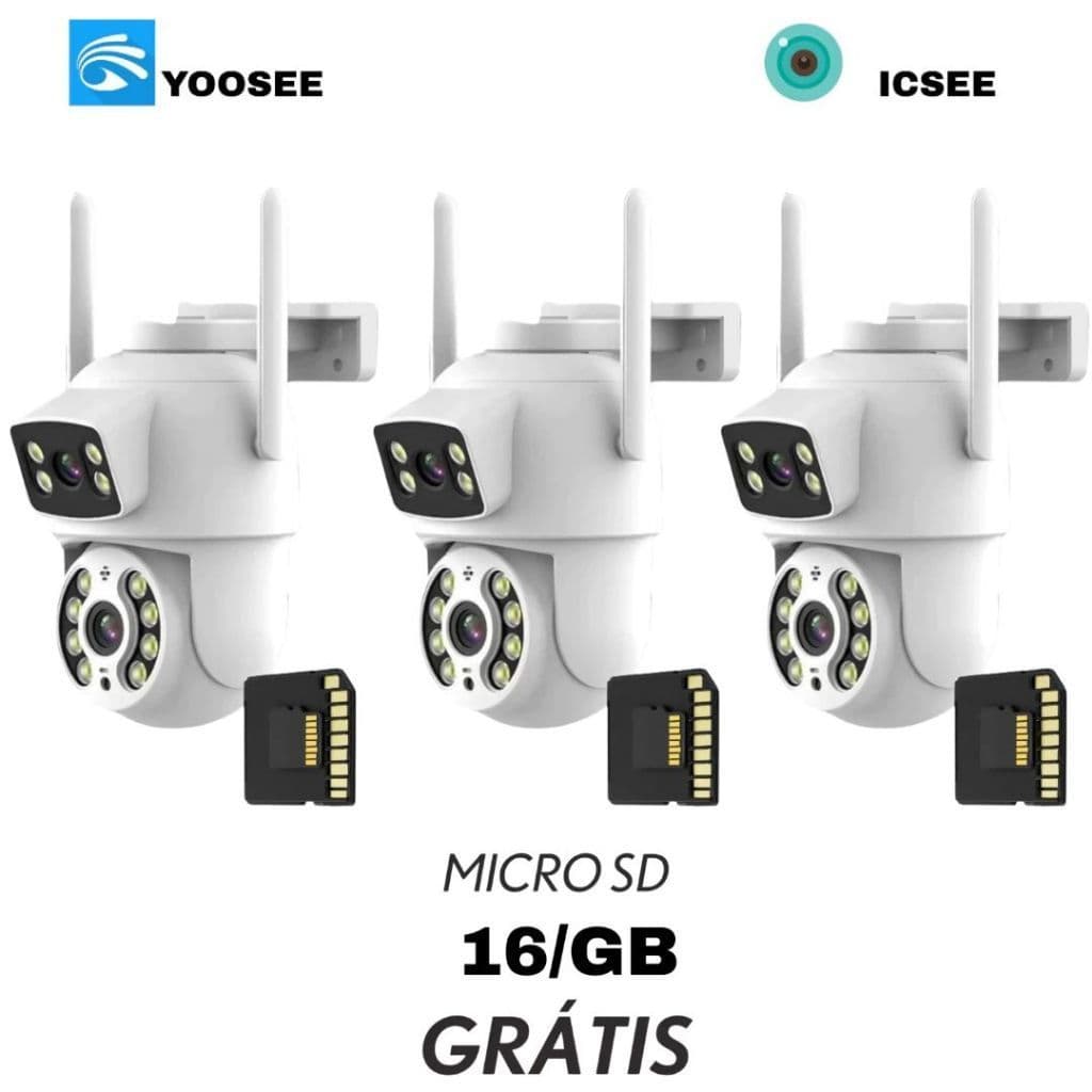 KIT3 Câmera de Segurança Wi-Fi 360° Lente Dupla IP66 Sensor de Movimento Visão Noturna + Cartão MicroSD 16GB