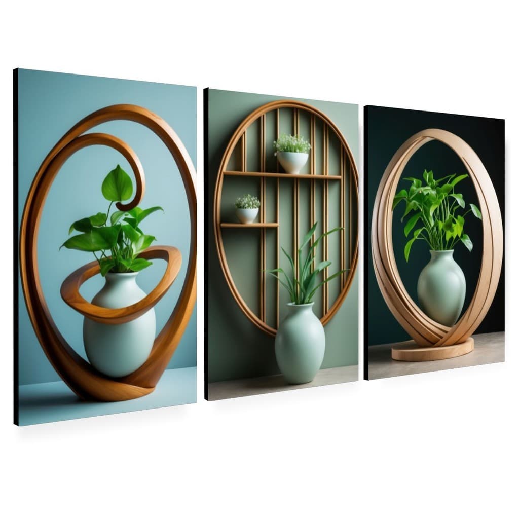 Trio de Quadros Arte Minimalista Vasos e Molduras Orgânicas, Decoração Moderna