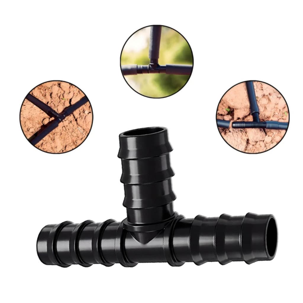 Juntas em T de 25 1/2 de polegada para irrigação, adequadas para mangueira de irrigação por gotejamento de 20 mm, pretas
