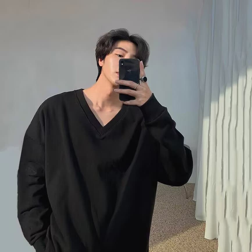 Suéter masculino com decote em v temperamento francês, camiseta solta de manga comprida de alta qualidade, suéter de lin