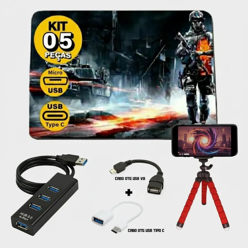 Kit Mobilador Gamer C/ Suporte Celular Hub 3.0 Otg Mousepad