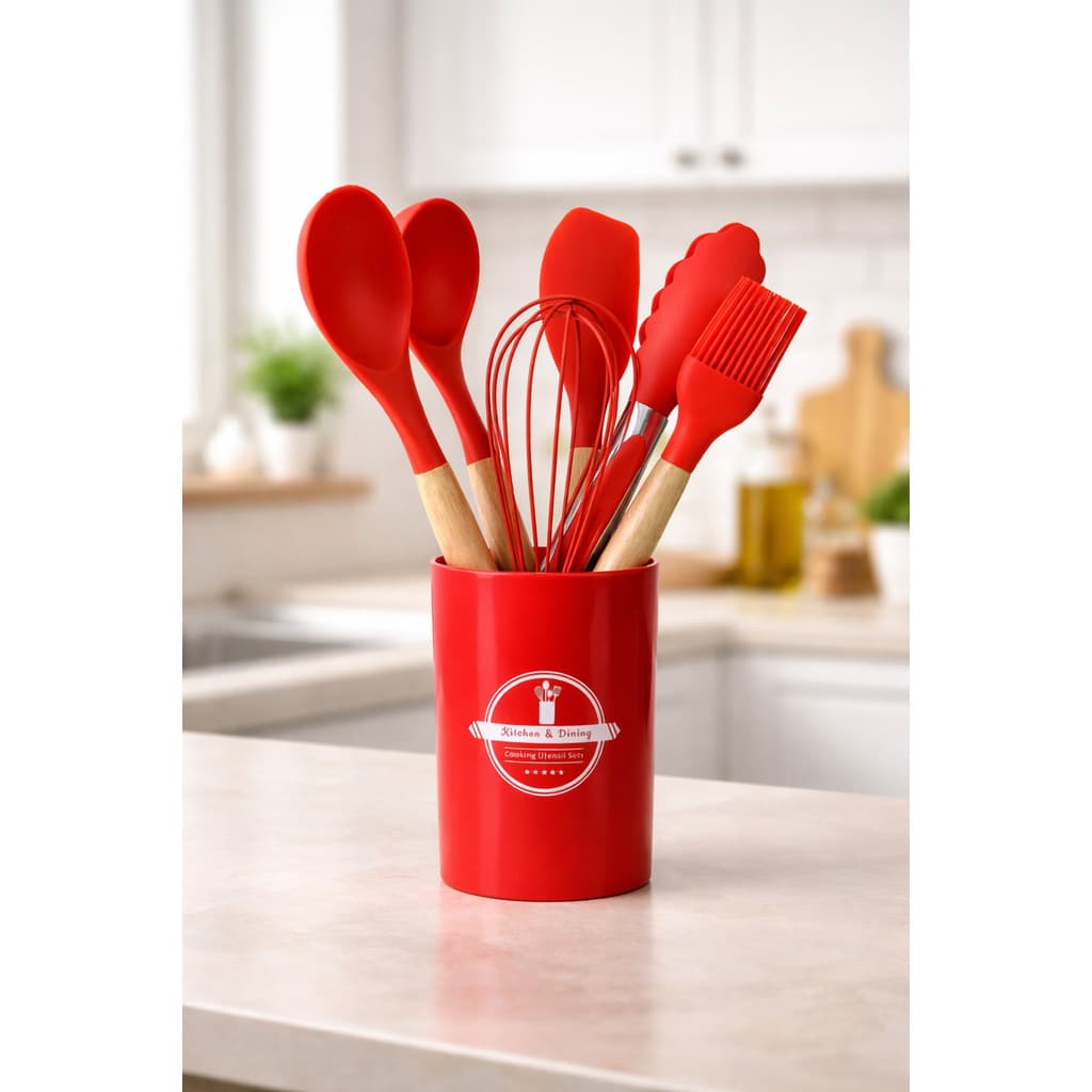Jogo Utensílios Cozinha Silicone Vermelho Antiaderente Resistente Calor Cabo Madeira
