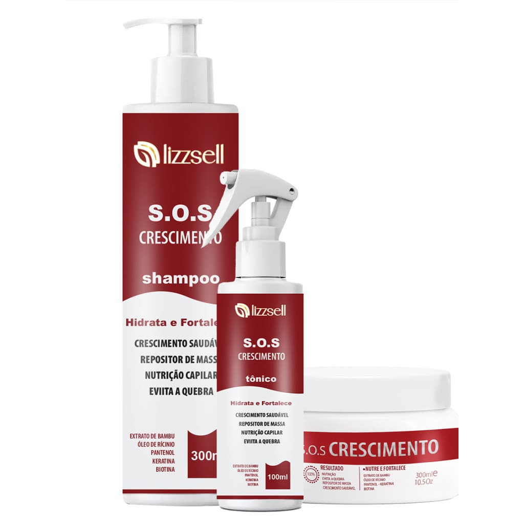 Kit SOS Crescimento Capilar LizzSell® - Shampoo + Máscara + Tônico Original