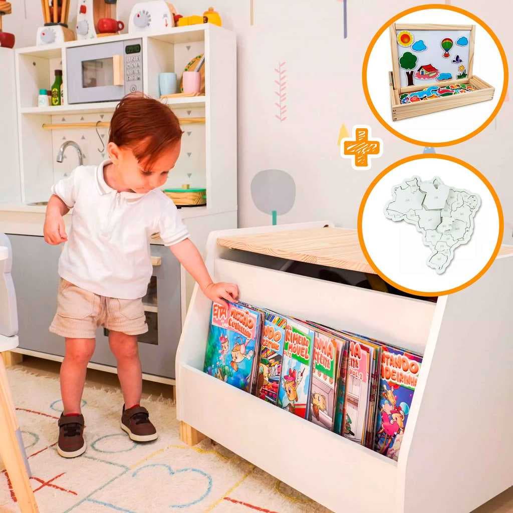 Baú Organizador Leiturinha G Com Lousa Infantil Magnética e Quebra-cabeça Mapa do Brasil Desenho Kit Livro Educativo