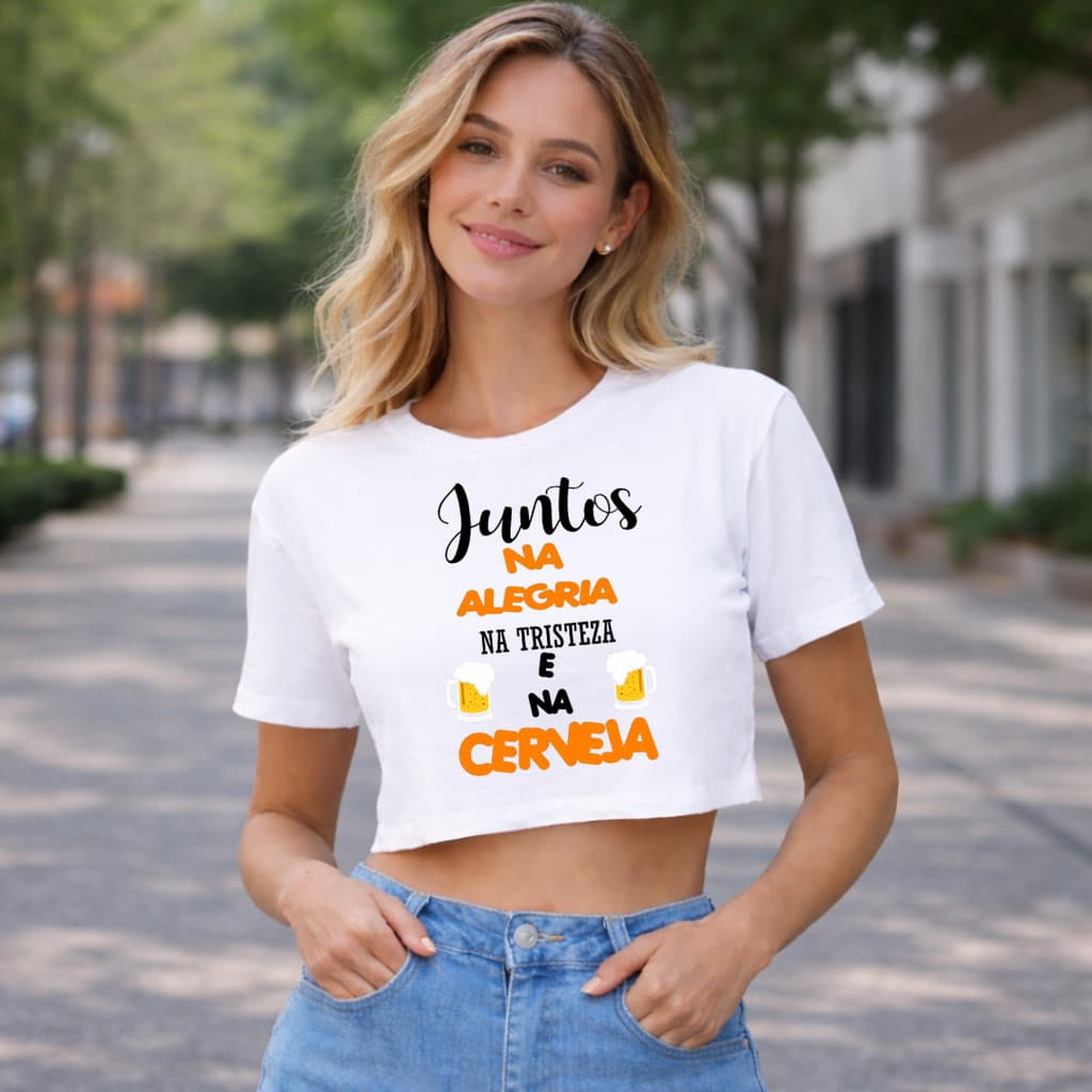 Cropped Blusa Curta Feminina FRASES Juntos na alegria e Cerveja Carnaval 2026 Moda Verão t-shirt oversize