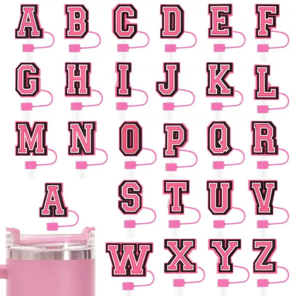 Tampa de canudo de silicone de 10mm, decoração de capa à prova de poeira com canudo rosa de 26 letras
