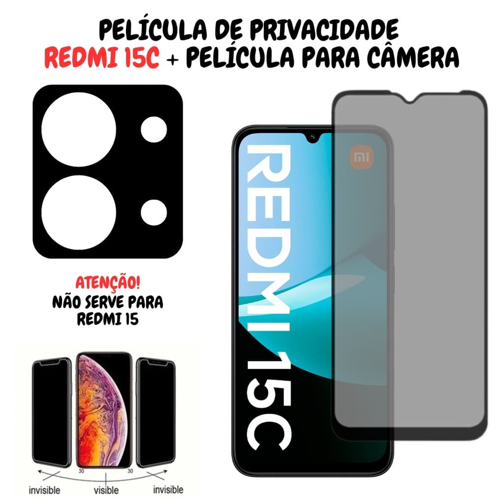 Película De Vidro Privacidade Para Redmi 15C + Película Para Câmera
