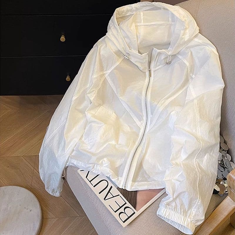 Jaqueta De Proteção Solar Com Capuz De Cor Sólida Para Mulheres , Estilo Coreano De Verão , UV Respirável Solta , Top Mo