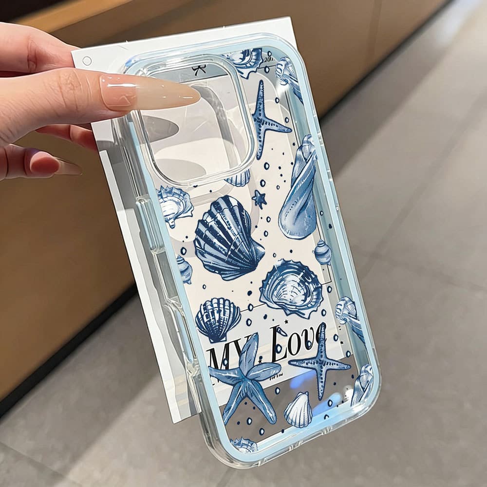 Ins Ocean Element 2 Em 1 Capa Capinha Para iPhone 16 15 14 Plus 13 12 11 17 Air Pro Max Transparente Silicone Anti-Impac