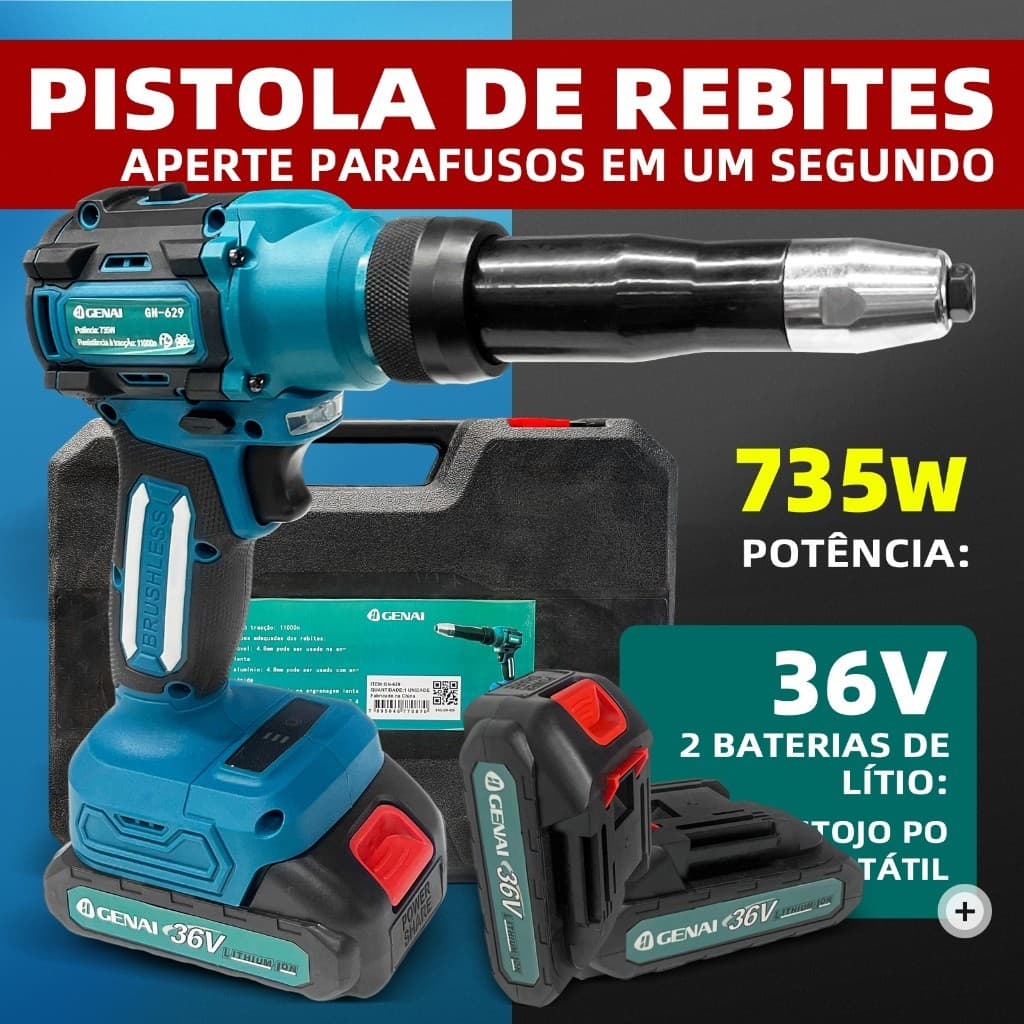 Rebitador a Bateria 36V para Oficinas e Indústrias - Kit com 2 Baterias + 100 Rebites