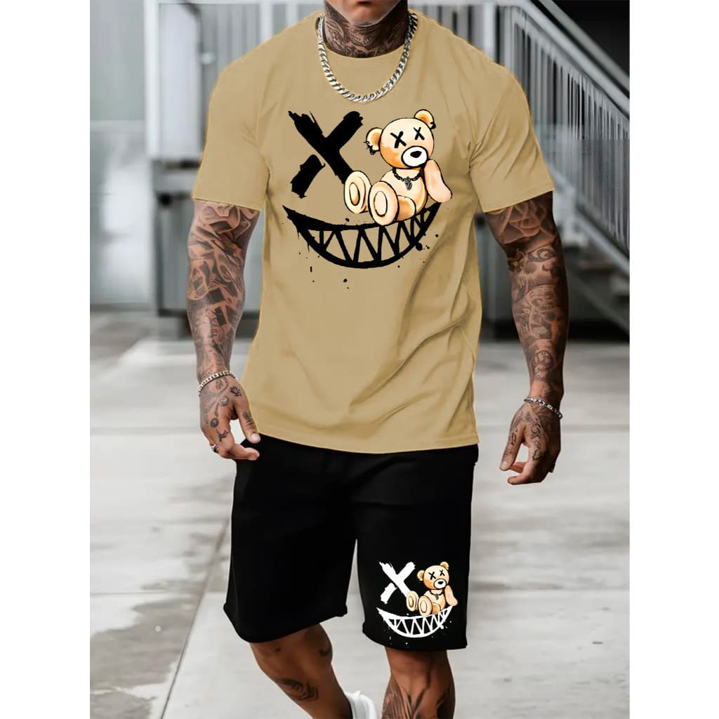 Kit Camiseta 100% Algodão + Short Tactel Masculino Ursinho Sorriso