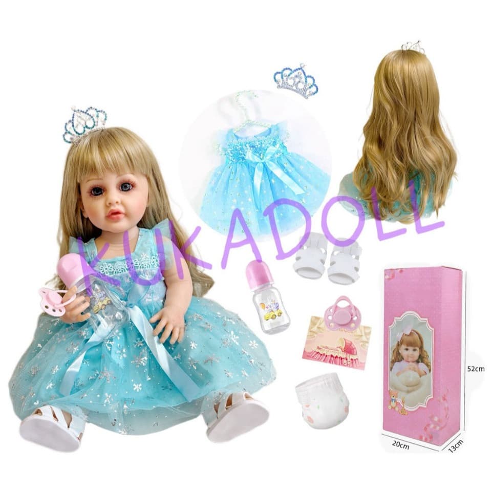 Boneca Reborn Princesa Realista 52cm Vestido Azul Brilhante-KUKADOLL